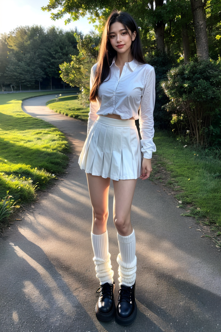 00413-984768788-1girl, beautiful girl, smile, outdoors, woods, trees, grass, nature, dim lighting, dusk, (full body_1.2), (absurdres, highres, u.png